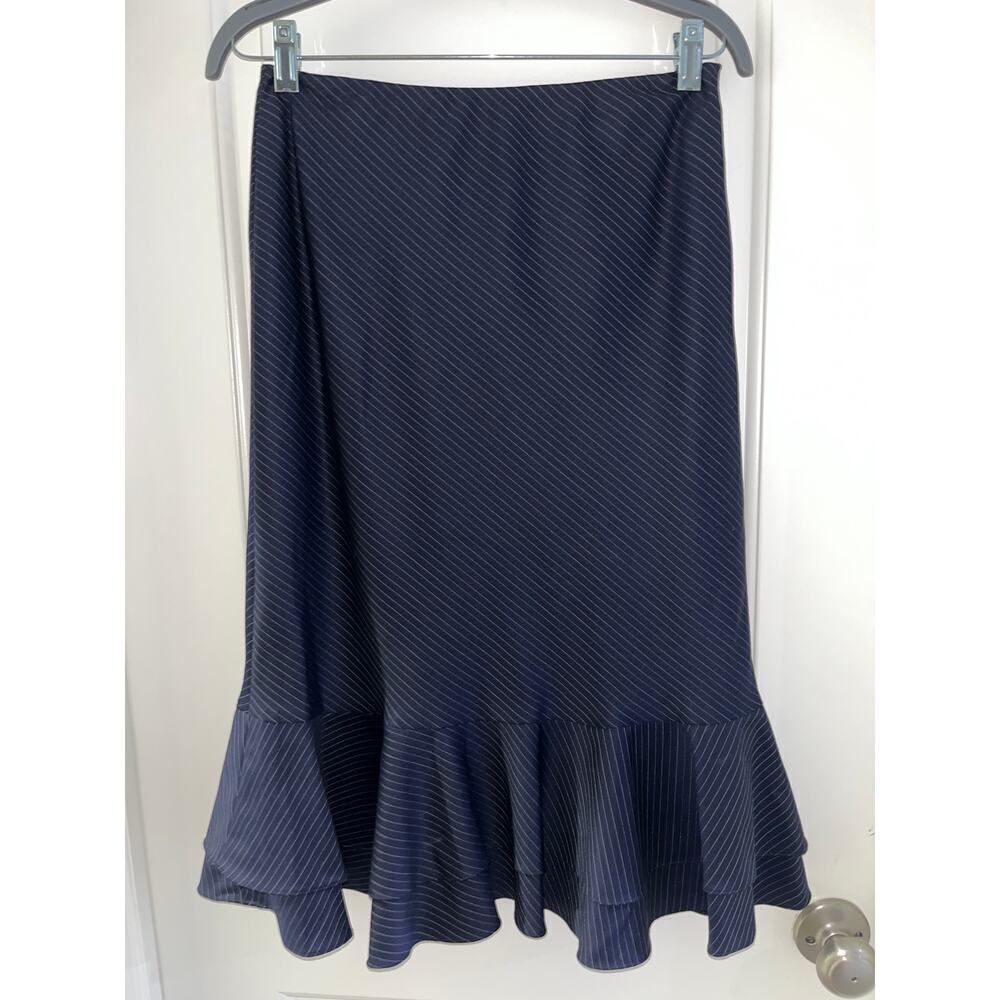 Ralph Lauren Black Label Wool Navy Pinstripe Midi Skirt Ruffle Hem Sz 2